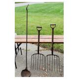 2 Old 7 Tine Pitch Forks, 1 Old Metal Scoop, 2 Old 7 Tine Pitch Forks, 1 Old Metal Scoop,
