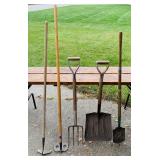 2 Shovels, Fork, 2 Hoes