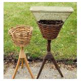 2 Vintage Wicker Plant stands, plus a fiberglass 2 Vintage Wicker Plant stands, plus a fiberglass