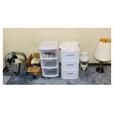 Hurricane Lamp, 2 Drawer Cabinets, box of Phones,