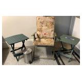 Patio chair, 2 small folding tables, and metal Patio chair, 2 small folding tables, and metal