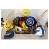 Box of Yard Games, Real and Rubber Horse Shoes,