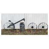 2 Steel Wheels, Metal Milk Can, Plow