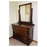 Antique Oak Dresser with Mirror, has wheels,