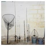 7 Fishing Poles, 2 Nets, 2 Minnow Buckets, Ice