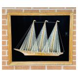 Ship Art Work on Velvet with Oak Frame, 26' x 33'
