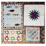 4 Small Quilts, Fishing quilt has real fishing