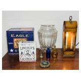 2 Tins, Metal Lamp, Large Glass Vase, 3 Bottles,
