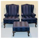 2 Ethan Allen Wing Back Chairs with Foot Stool,