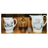 2 Pitchers, Hand Painted Egg, Fostoria Amber Coin