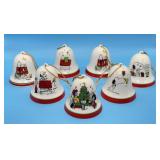 7 Vtg Peanuts Porcelain Christmas Bells, Japan