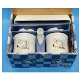 2 Snoopy Jars with Lids, Spoons, Plate, in box