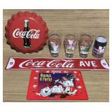 1990ï¿½s Coca Cola, 3 Metal Signs, 4 Glasses