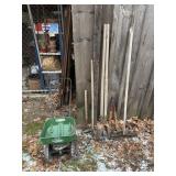 Seed Spreader, post hole digger, garden tools