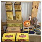 Vintage Lot, Pumpkin Candy basket, Tin Cans with