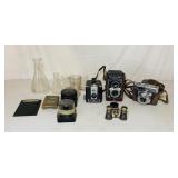 3 Vintage Cameras, Binoculars, Glass Beakers