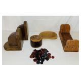 Book Ends, Covered Bowl filled with Wood Checkers Book Ends, Covered Bowl filled with Wood Checkers