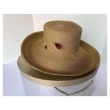 Tan straw hat w. hat pin, Sue Givens Nordstrom