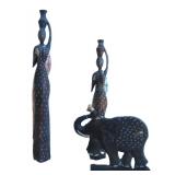 Wooden Elephant and (2) Ladies, 38" - 31" - 12"