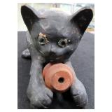 OLD 9.5'L Pottery Black Cat with Spool of Thread