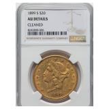 GOLD 1899-S $20 -- Cleaned -- NGC Details. AU