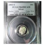 SILVER 2003-S Roosevelt Dime, PCGS PR69DCAM