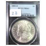 1885-O Silver Morgan Dollar, PCGS MS63, $90