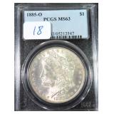 1885-O Silver Morgan Dollar, PCGS MS63, $90