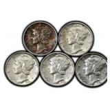 Five (5) Mercury Dimes Silver United States Coin