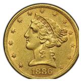 1886 Liberty Gold $5 Half Eagle PCGS AU-53