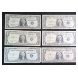 SIX (6) One Dollar Silver Certificates
