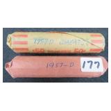 TWO (2) Rolls (100 Coins) 1957-D Lincoln Wheat