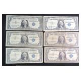 SIX (6) One Dollar Silver Certificates