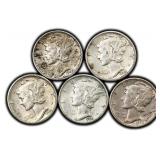 Five (5) Mercury Dimes Silver United States Coin