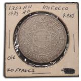 SILVER 1933 Morocco 20 Francs