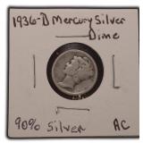 Silver 1936-D Mercury Dime, $5.45 Melt Value
