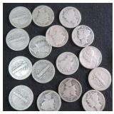Sixteen (16) SILVER Mercury Dimes, $81.12 Melt