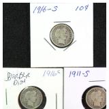 Three (3) Silver Barber Dimes