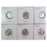 SIX (6) Mint State Silver 1956 Roosevelt Dimes
