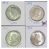 Four (4) Silver 1964 Kennedy Half Dollars