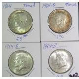 Four (4) Silver 1964 Kennedy Half Dollars