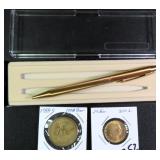 Cross Pen, Italian 200 Lira, Mexico 1000 Pesos