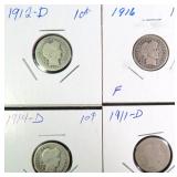 Four (4) Silver Barber Dimes