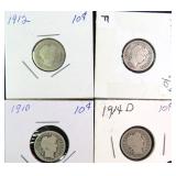 Four (4) Silver Barber Dimes