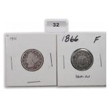 TWO (2) Nickels: Shield and V