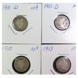 Four (4) Silver Barber Dimes