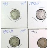 Four (4) Silver Barber Dimes