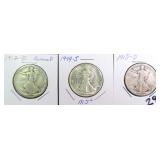 Three (3) Silver Walking Liberty Half Dollars
