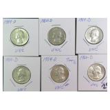 SIX (6) 1964-D UNC Silver Washington Quarters