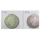 TWO (2) Silver 1902 Barber Half Dollars